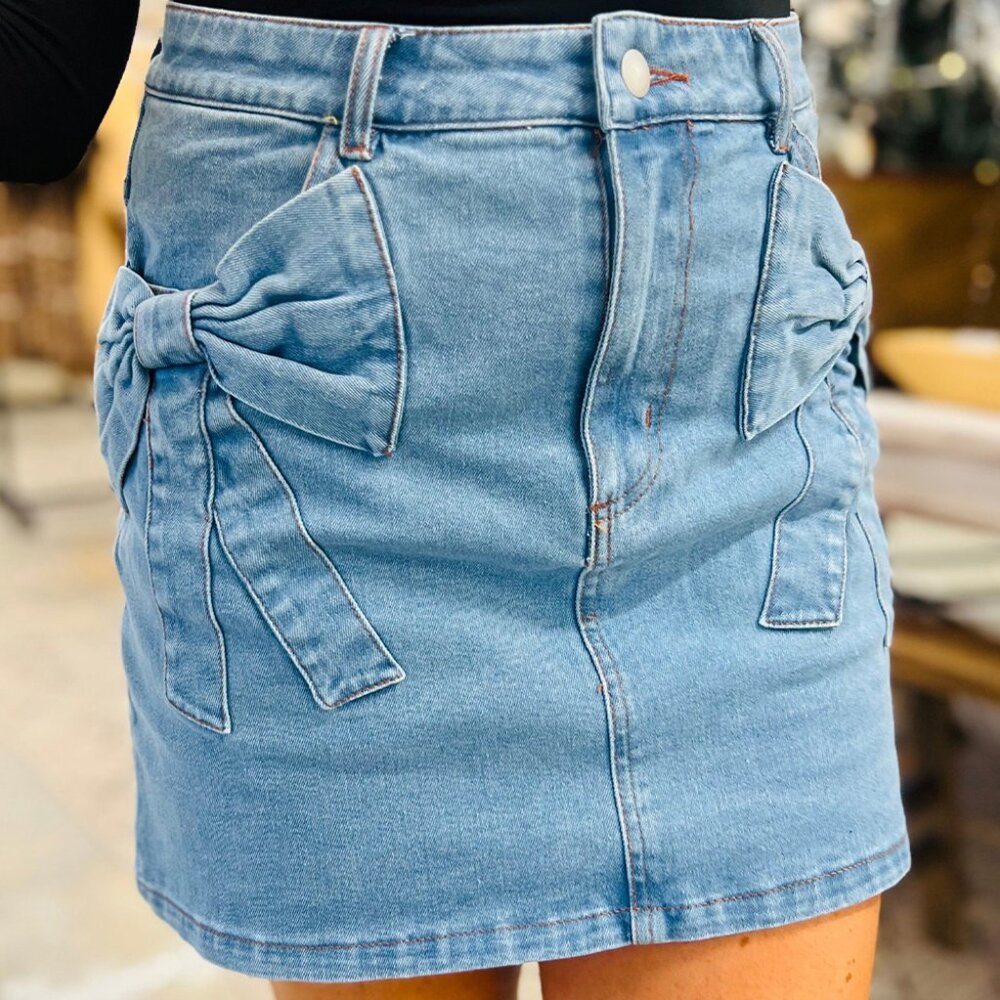 B277 Dusk Blue Acid Washed Bowknot Details High Waist Denim Skirt - Picture 3 of 12